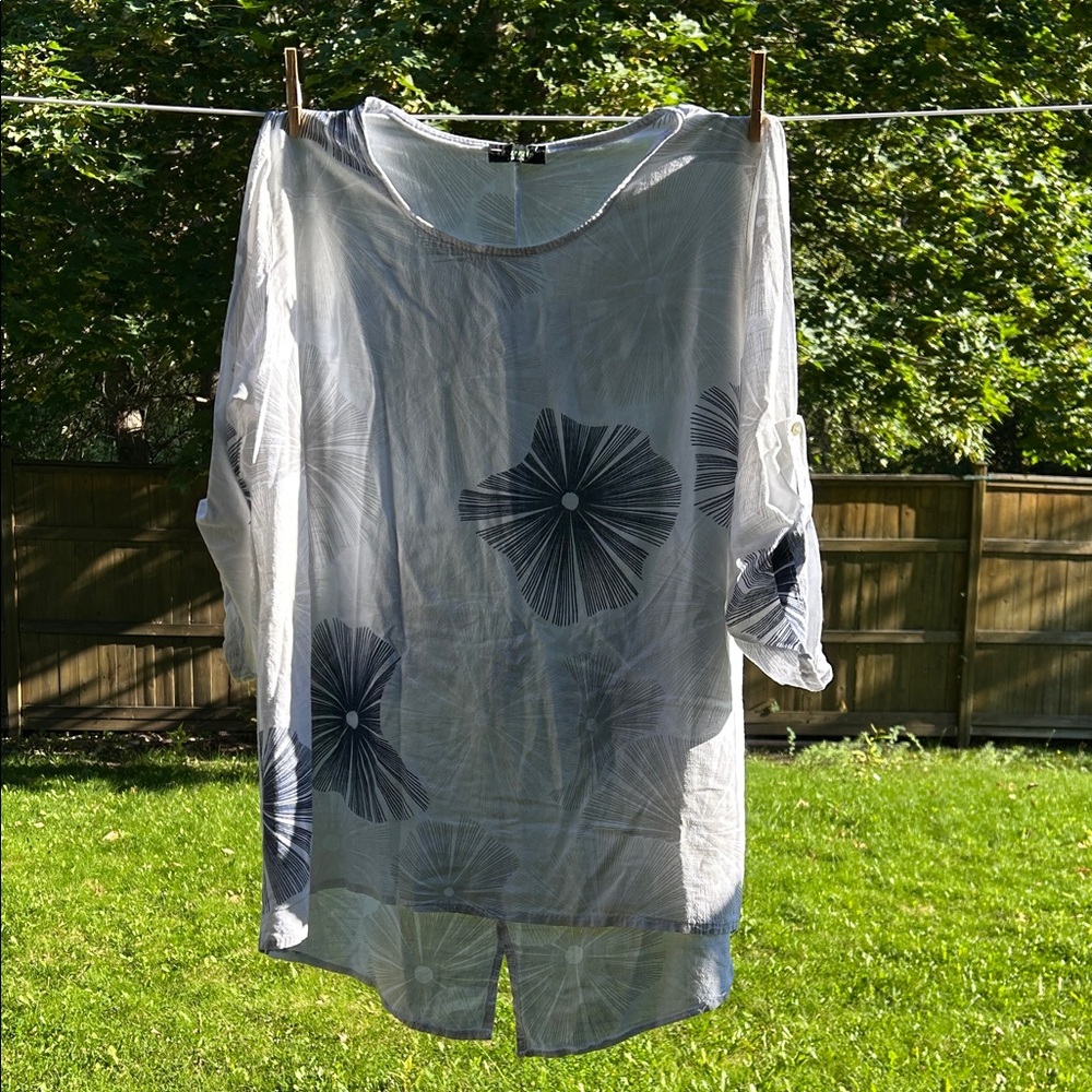 Floral Blouse with Navy and White Design